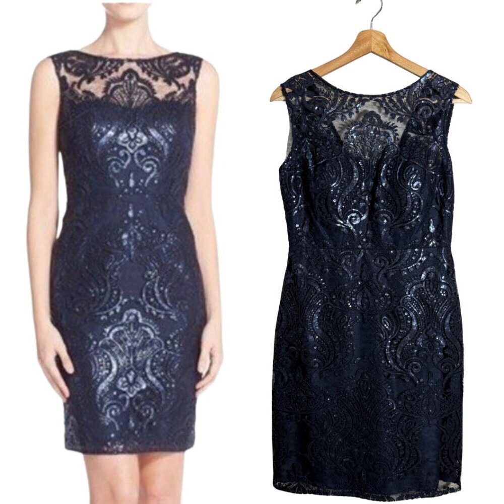 Jenny Yoo Sequin Lace Corset Sheath Mini Dress Womens 8 Navy Formal Wedding Chic